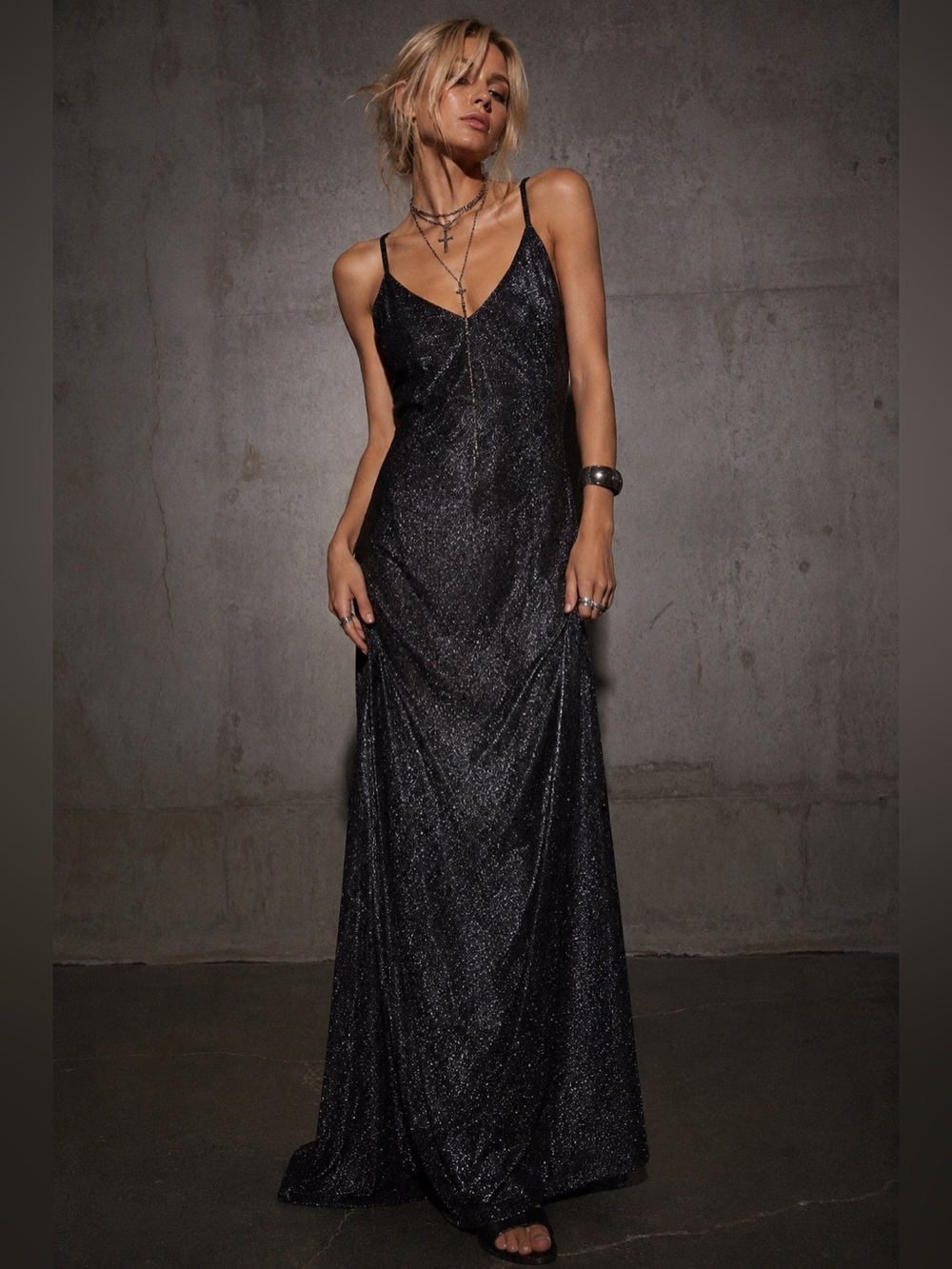 TAYLOR Black Metallic Shimmer Maxi Slip Dress XL Y2K Evening Party